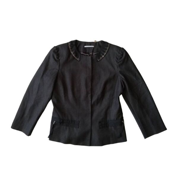 T Tahari Black and Gray Button Front Embellished Fitted Blazer Jacket Women's 8 - Picture 1 of 13